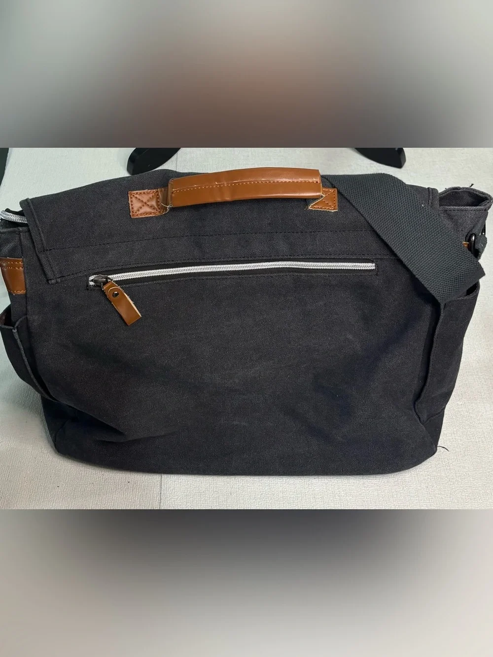 Black Canvas & Brown Leather Trim Messenger Bag FENGDONG